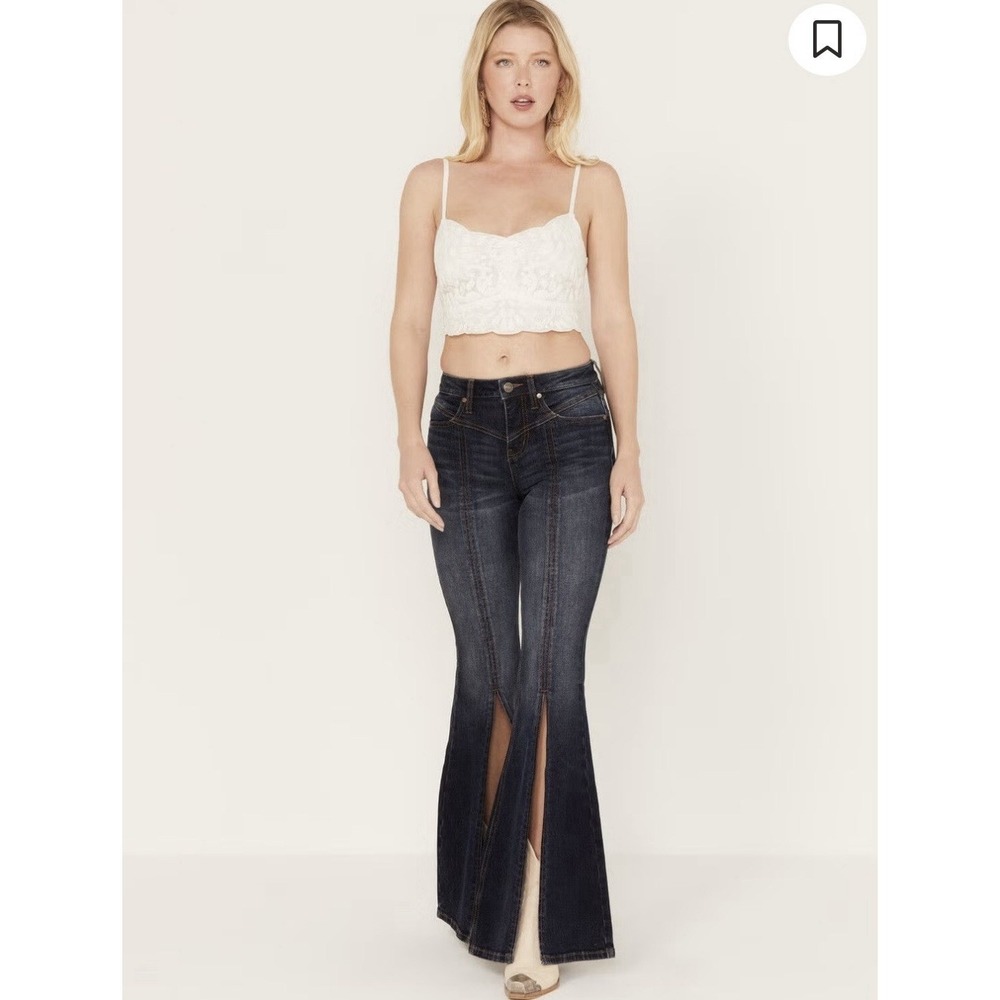 Shyanne High Rise Flare Jeans Dark Wash Front Split Front Seam Western 28W x 34L